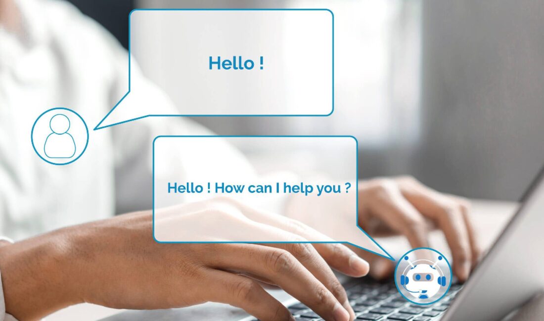 A man's hands are typing on a laptop with an AI Chatbot. Speech bubbles say: Hello! and Hello! How can I help you?