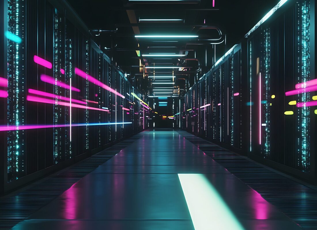 An AI-generated image shows a futuristic data center with rows of servers and colorful LED lights