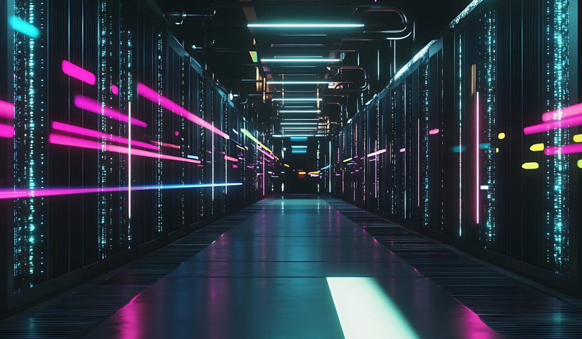 An AI-generated image shows a futuristic data center with rows of servers and colorful LED lights