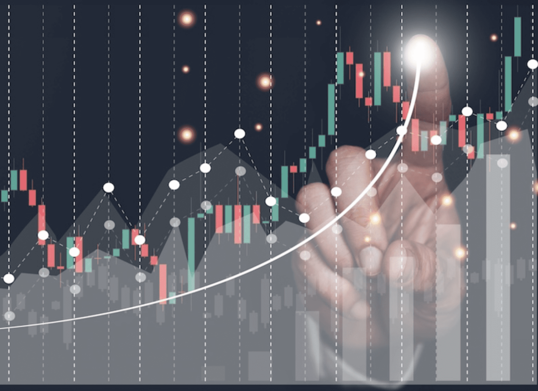 Stock image of a chart and finger pointing at it.