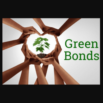 Photo of people's hands and arms (of different races) holding a plant and making a heart around it. "Green Bonds" logo.