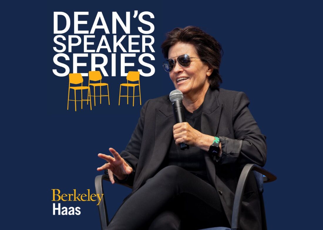 Photo of Kara Swisher with Dean's Speaker Series podcast logo featuring three tall chairs.