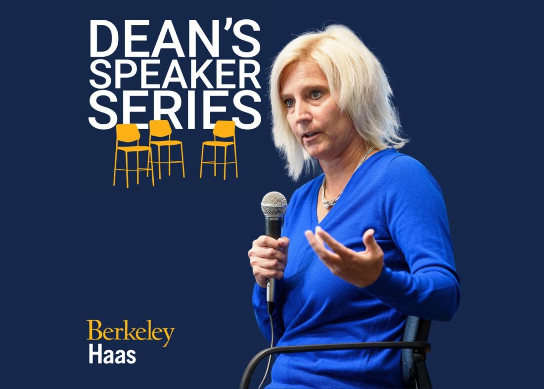 Photo of Jill Evanko with Dean's Speaker Series podcast logo featuring three tall chairs.