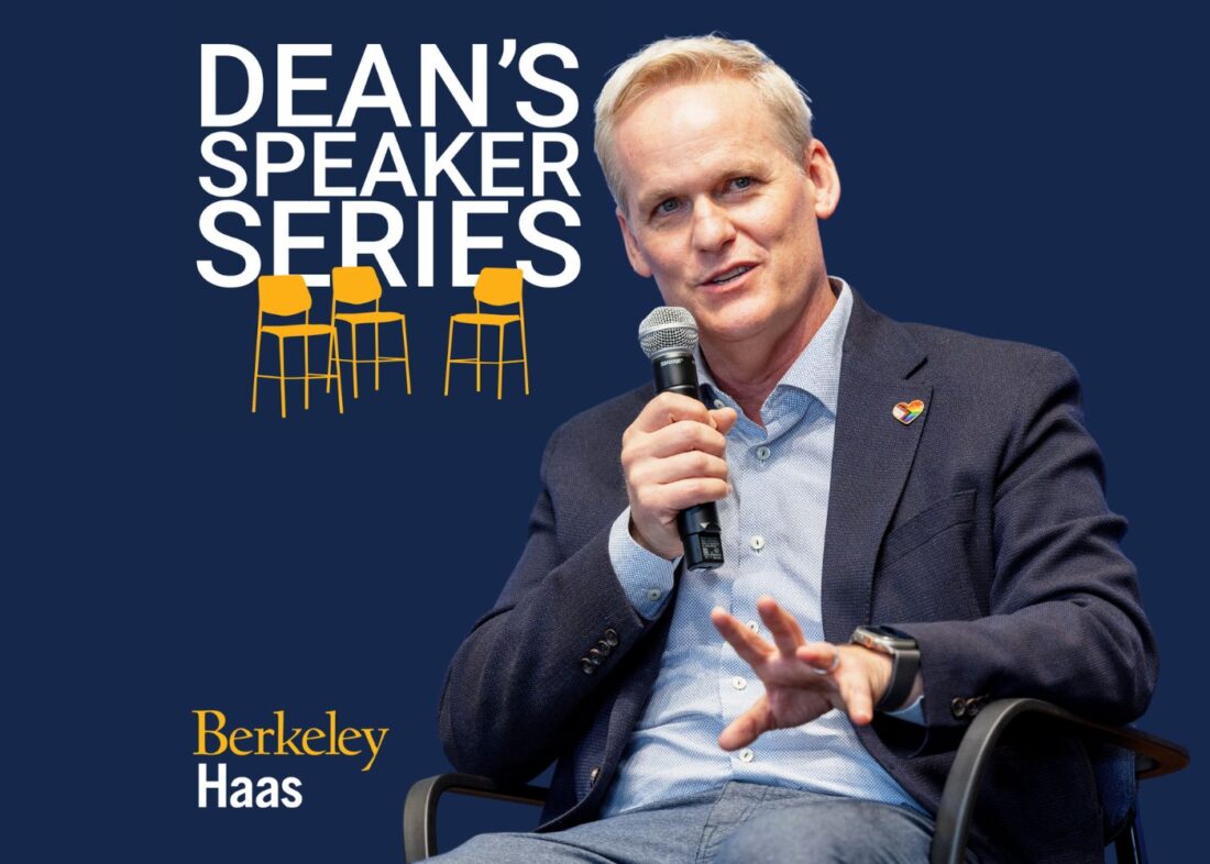 Photo of Brian Gross with Dean's Speaker Series podcast logo featuring three tall chairs.