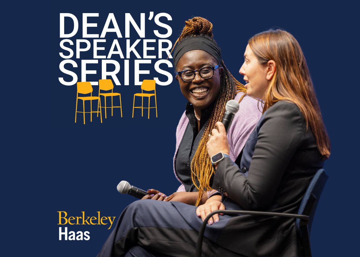 Photo of Golden State Valkyries President Jess Smith and General Manager Ohemaa Nyanin with Dean's Speaker Series podcast logo