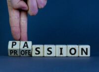 Illustration shows fingers flipping over alphabet blocks, changing the letters from "profession" to spell out "passion."