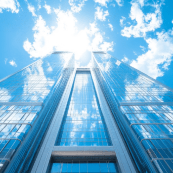 Photo of a tall building, mirrored glass. Blue sky and clouds. From the vantage point of looking up from the ground.