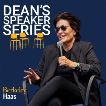 Cover art for the Dean's Speaker Series podcast features a photo of journalist Kara Swisher holding a microphone and speaking