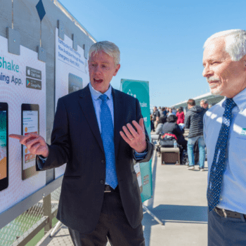 Professor Richard Allen, director of the UC Berkeley Seismological Laboratory, demonstrates the features of the MyShake app in Oakland, California. The NSF Innovation Corps program helped the MyShake team determine how to commercialize their research.