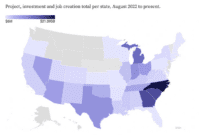 Map of the United States plus color legend showing the "project, investment and job creation total per state, August 2022 to present".