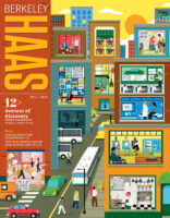 Cover of the fall 2024 issue of Berkeley Haas magazine showing a busy street scene and windows of various businesses. There are 4 QR codes on the page that lead to animations.