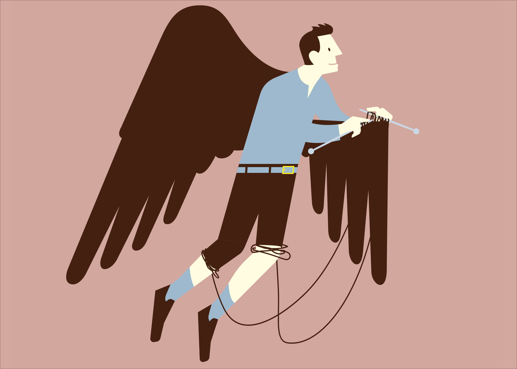 Illustration of a person knitting wings for themselves with some of the loose yarn tangled around their legs.