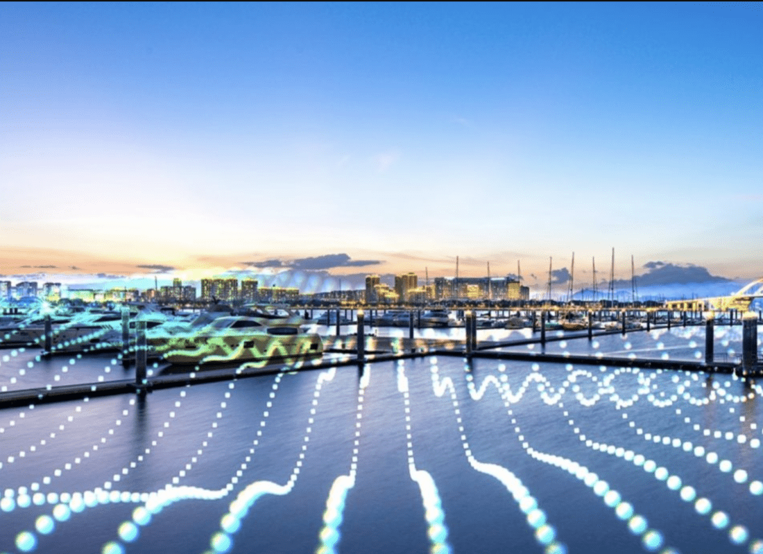 AI photo of a marina with boats in the foreground.