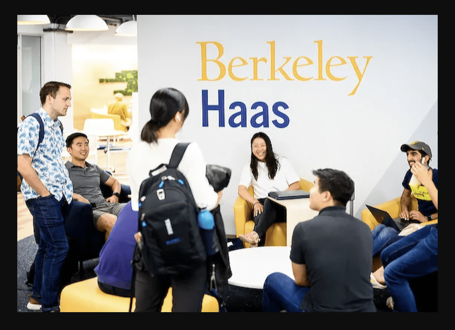 Photo of MBA students at Haas. Male and female students included in picture.