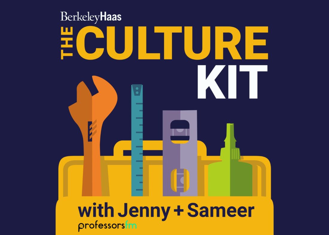 illustration for The Culture Kit with Jenny & Sameer podcast shows a toolkit with a wrench, measuring tape, level, and bottle of glue.