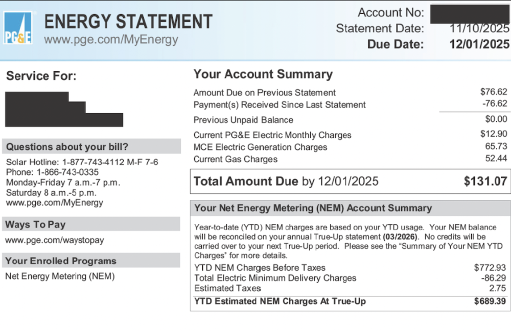 Photo of a redacted PG&E bill.